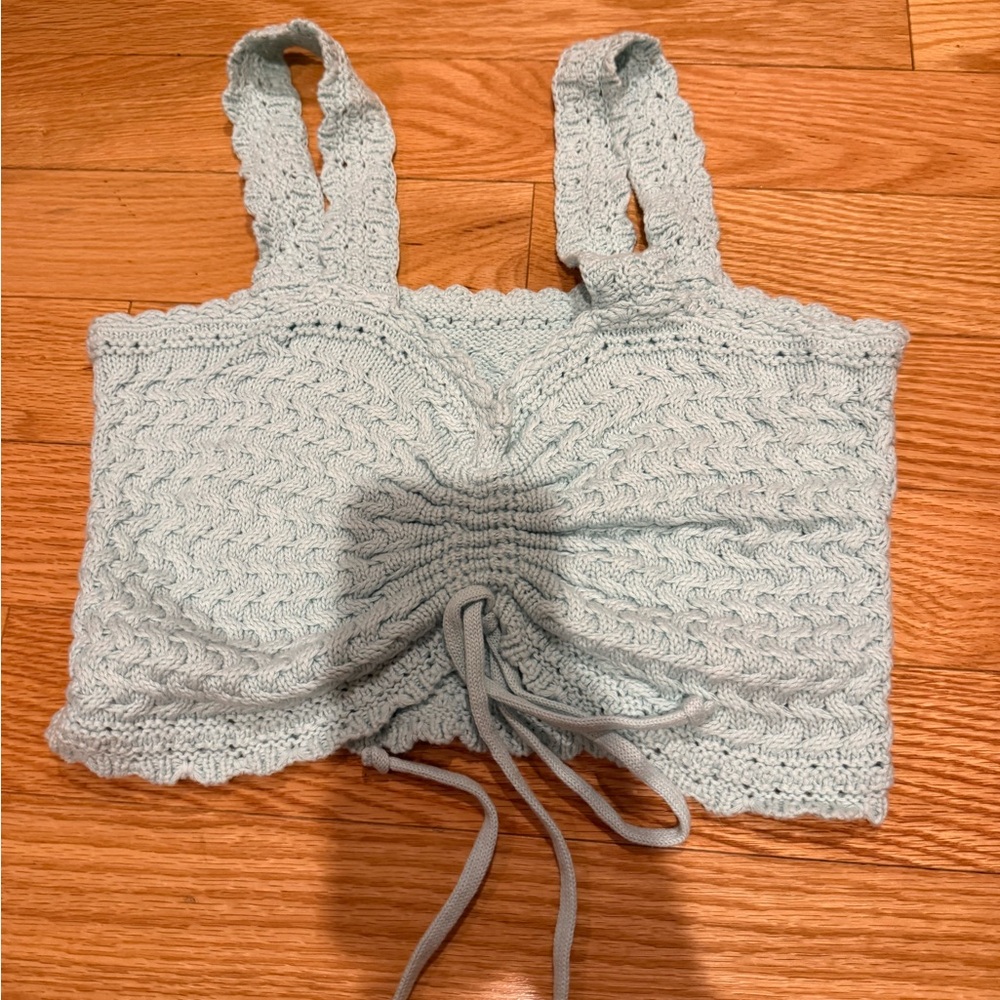 Hollister Light Blue Cropped Knit Tank with Front Drawstring